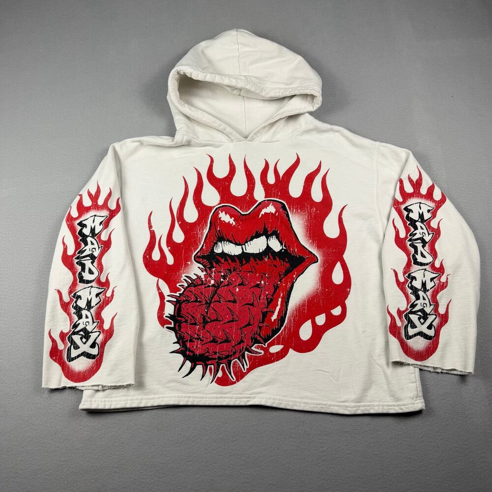 RARE MadMax Hours Rolling Stones White Tongue Flames Cropped Hoodie Men M